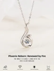 Close-up of S925 sterling silver phoenix necklace with a shimmering cubic zirconia stone