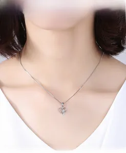 Detail of silver heart pendant with sparkling cubic zirconia on a female model neck