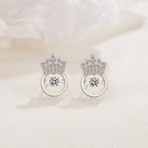 Elegant S925 sterling silver crown stud earrings with dancing zircon stones in silver