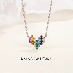 925 Sterlingsilber Regenbogen Herz Halskette Für Damen Mehrfarbige Strass Pave Anhänger Elegant Süß Halskette Schmuck