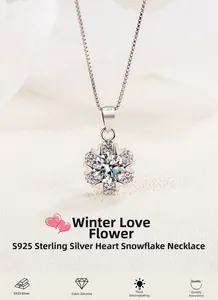 Close-up of S925 sterling silver snowflake pendant with cubic zirconia heart details