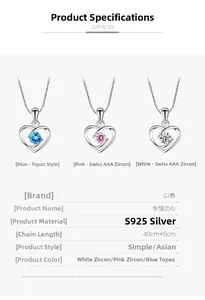 S925 sterling silver heart pendants in blue, pink, and white with adjustable chain detail