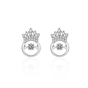 S925 sterling silver crown stud earrings with dancing cubic zirconia stones on white background