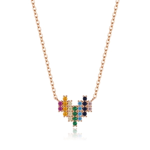S925 Silber Regenbogen Herz Kette mit Roségold Beschichtung und bunten Edelsteinen
