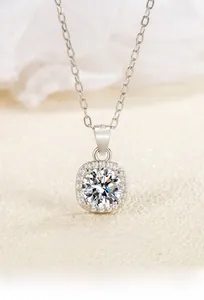 Macro shot of S925 sterling silver moissanite halo pendant necklace with S925 hallmark