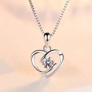 925 Sterling Silver Heart Pendant Necklace For Women Elegant Rhinestone Inlaid Box Chain Anniversary Birthday Jewelry Gift