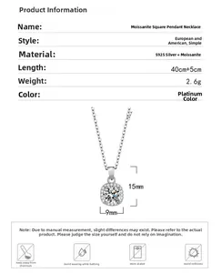 Close-up of S925 silver square pendant necklace featuring moissanite stones and dimensions