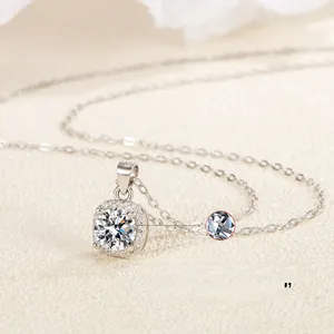 Macro shot of S925 sterling silver moissanite necklace with halo square pendant and laser code