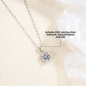 Macro detail of S925 sterling silver square halo necklace with sparkling moissanite stone