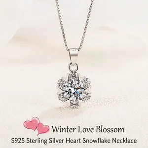 925 Sterling Silver Heart Snowflake Pendant Necklace For Women Luxury Zirconia Pave Inlaid Jewelry Platinum Plated Box Chain