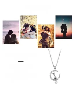 Detail of S925 sterling silver moon and cat necklace featuring sparkling cubic zirconia