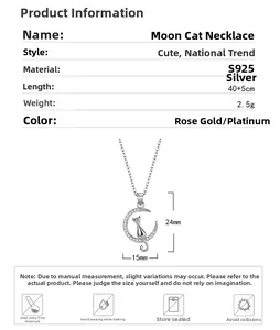 Detailed size chart and specifications for the S925 silver moon cat pendant necklace