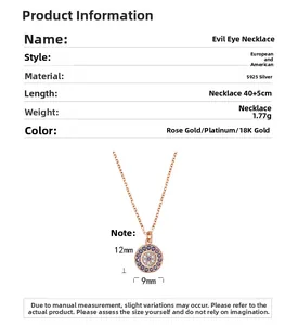 Detailed size specifications of the S925 sterling silver evil eye pendant necklace