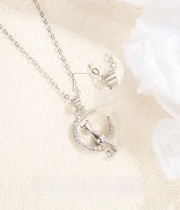 Detailed close-up showing the S925 sterling silver hallmark on a crescent moon cat necklace