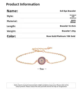 Detailed size chart for S925 sterling silver evil eye bracelet with 9mm pendant diameter