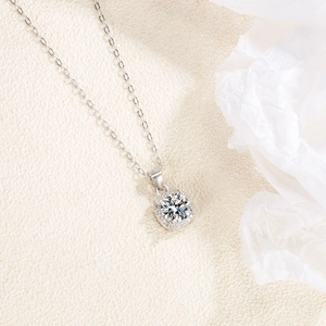 S925 sterling silver necklace with square halo moissanite pendant shown at 45-degree angle