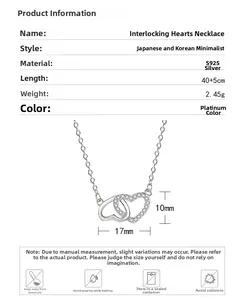 Detailed specs of S925 silver interlocking hearts necklace with cubic zirconia