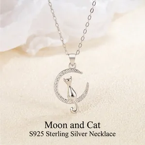 S925 Sterling Silver Necklace Elegant Moon Cat Pendant With Cubic Zirconia Inlaid Cute Animal Theme Jewelry For Women Girls Gift