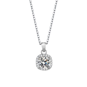 Elegant S925 sterling silver halo moissanite pendant necklace with round brilliant center stone