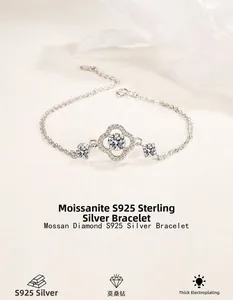 Detail of S925 sterling silver four-leaf clover bracelet with Moissanite stones