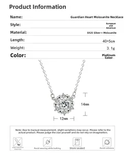 Détails du collier cœur en argent S925 montrant la longueur de 45cm et la taille moissanite