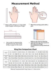 Detailed measurement method and ring size chart for heart cut 925 silver ring sizes 4-12