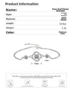 Macro detail of S925 silver four-leaf clover bracelet with dimensions and 3.3g weight