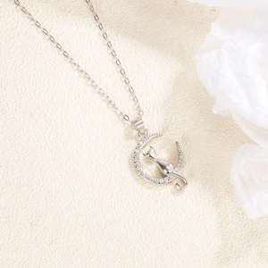 S925 sterling silver moon and cat necklace with sparkling white zircon stones