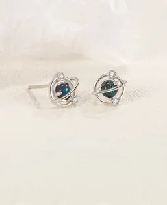 Detailed close-up of S925 silver planet stud earrings with blue stardust spheres