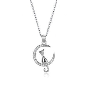 S925 sterling silver moon cat necklace featuring sparkling cubic zirconia stones