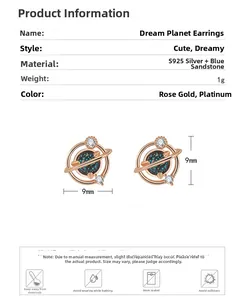 Detail view of S925 sterling silver planet stud earrings with blue sandstone and size data