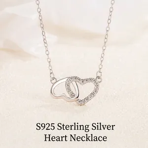 925 Sterling Silver Interlocking Hearts Necklace Double Heart Pendant Elegant Rhinestone Jewelry For Women Daily Accessory