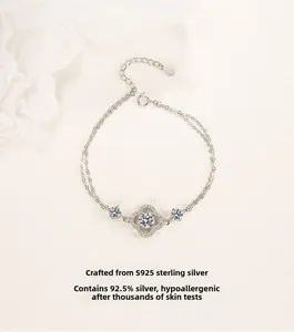Detailed view of S925 sterling silver four-leaf clover bracelet with Moissanite stones