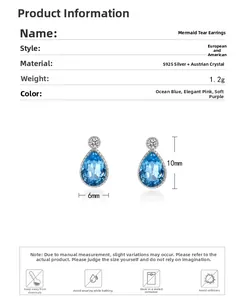Detailed size and weight specs for S925 silver mermaid tear crystal earrings