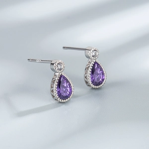 S925 sterling silver teardrop earrings with purple crystal and hollow geometric patterns