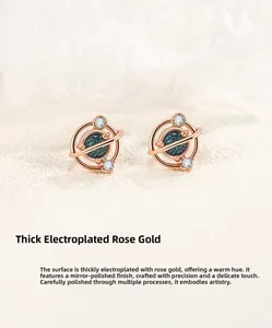 Macro detail of rose gold planet stud earring with blue starry sand and tiny zircons