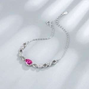 Bracelet en argent sterling 925 avec pierre rose en goutte et breloques en zircon