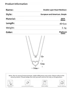 Detailed size specifications for double layered silver heart necklace with crystal pendant