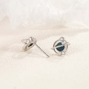 S925 sterling silver Saturn planet stud earrings with blue galaxy stone and white cubic zirconia