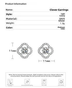 Macro shot of S925 sterling silver four-leaf clover earrings with 11mm dimensions