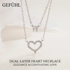 Double Layer 925 Sterling Silver Heart Zirconia Necklace Platinum Color Minimalist Fashion Jewelry For Women Gift