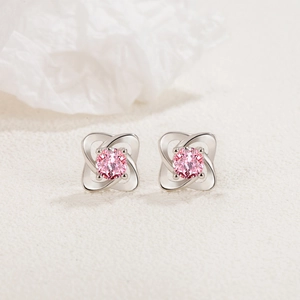 Boucles d'oreilles trèfle en argent S925 avec pierre de zircon rose incrustée