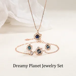Collier Bracelet Boucles d'Oreilles Planète en Argent Sterling 925 Avec Grès Bleu Zirconia Bijoux Galaxie Élégants pour Femmes