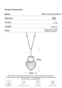 Detail view of S925 silver heart necklace with white mother-of-pearl and size specs