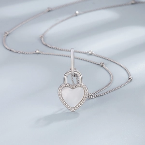 Elegant S925 sterling silver heart locket necklace with white inlay and beaded chain