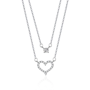 Silver double layer necklace with heart pendant and sparkling round zircon stone