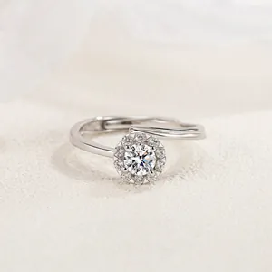 Bague Fleur en Argent Sterling S925 pour Femme Ouverture Réglable Strass Scintillants Incrustés Bijoux de Mode Commuter Cadeau Élégant