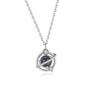 Collier planète en argent sterling S925 avec pierre galaxie bleue et anneau cristal