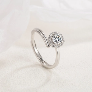 Bague élégante en argent sterling S925 avec motif fleur et zircon rond brillant