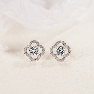Elegant S925 sterling silver four-leaf clover stud earrings with pavé diamond accents